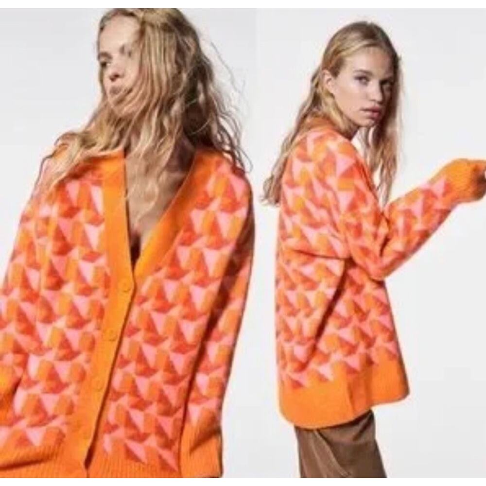 ZARA Geometric Print Orange Pink Knit Button Front Cardigan Sweater Women's S